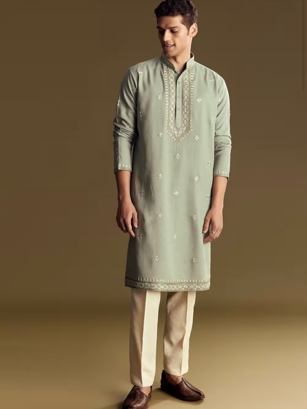 Kalki linen Men's Sage Green Embroidered Kurta - Classic Festive Wear